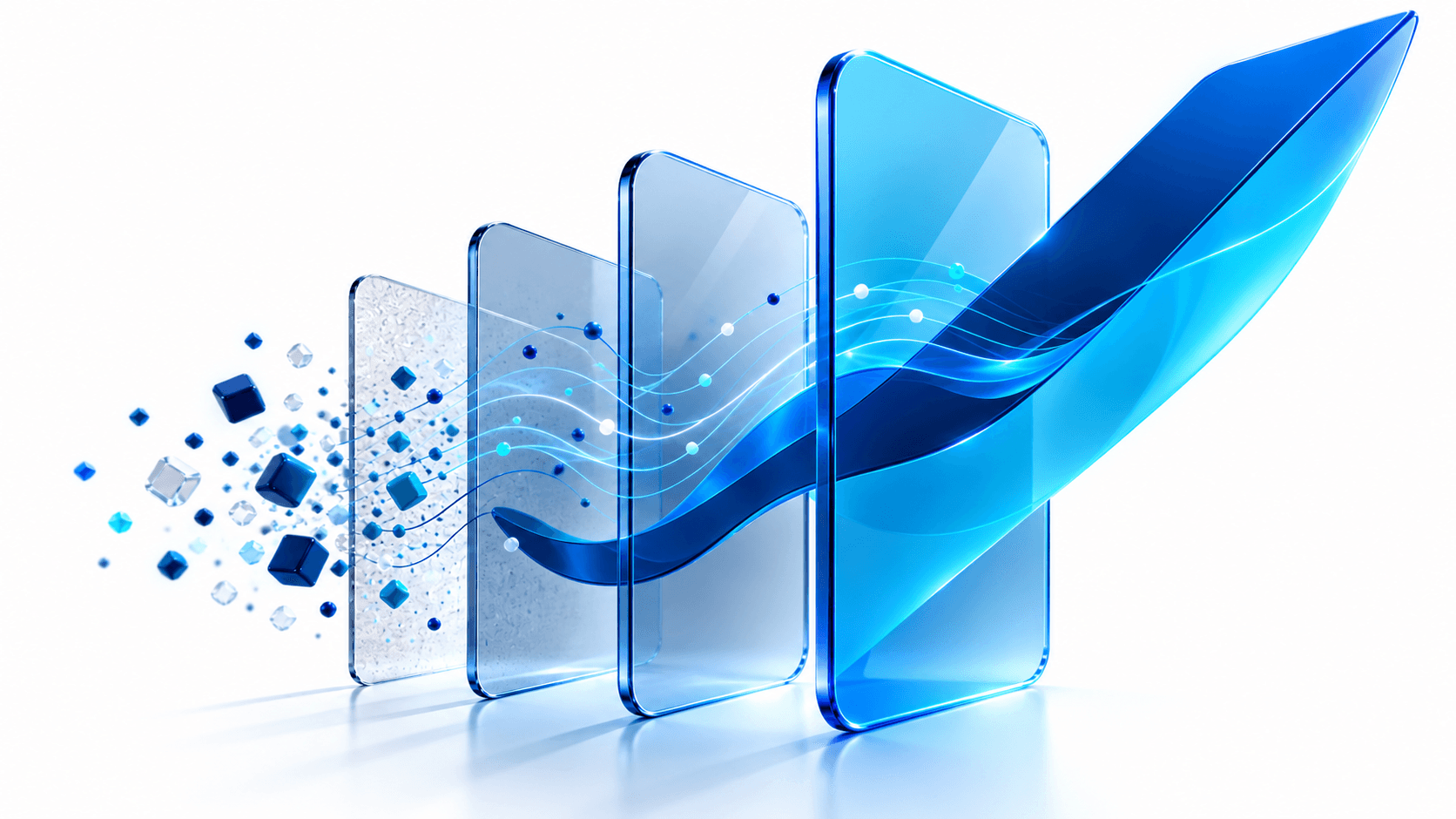 Scattered fragments passing through layered panels and resolving into a single upward curve
